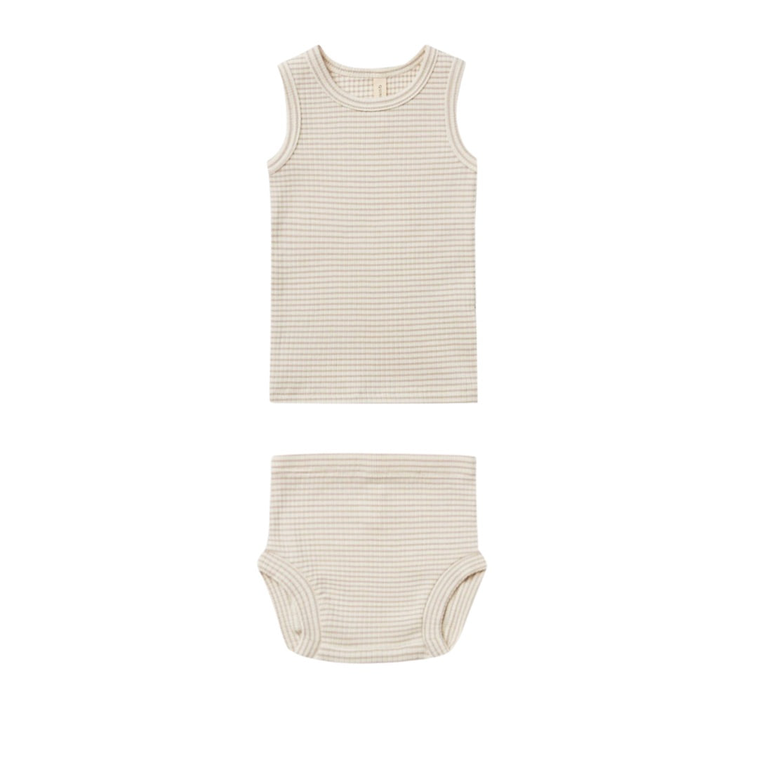 Quincy Mae organic ribbed tank + bloomer set fog stripe, 6-12 months