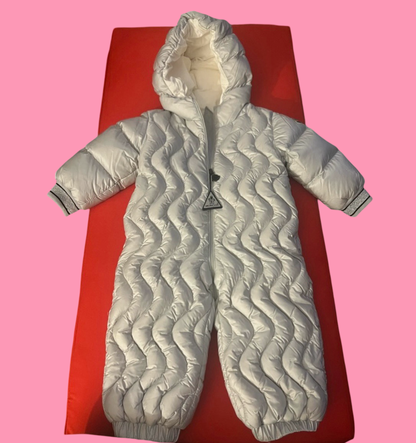 Moncler White one piece snow suit, 12/18M