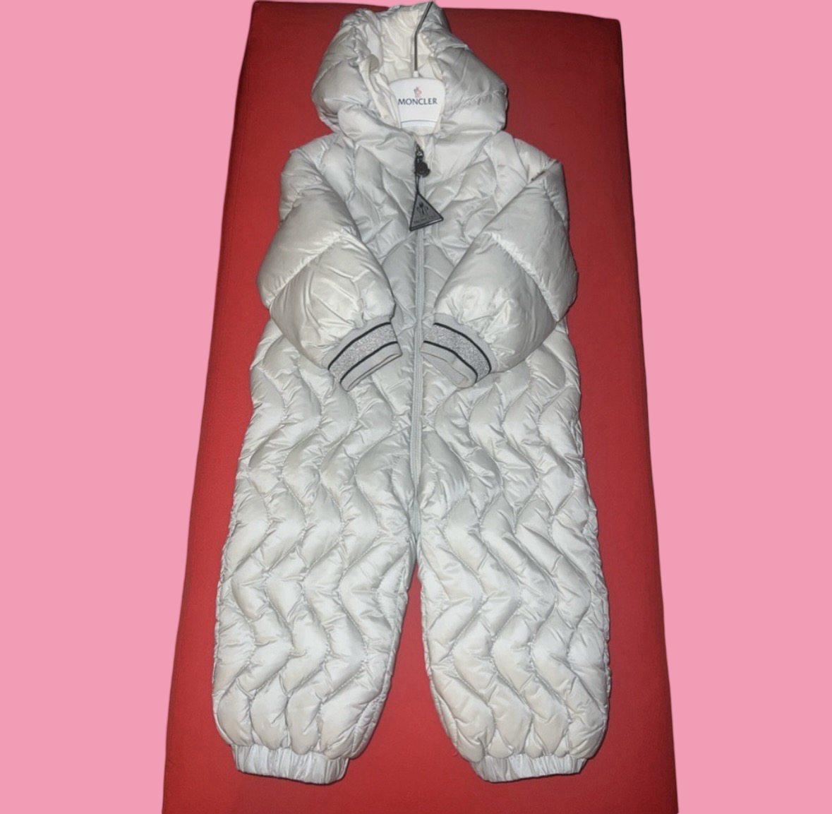 Moncler White one piece snow suit, 12/18M