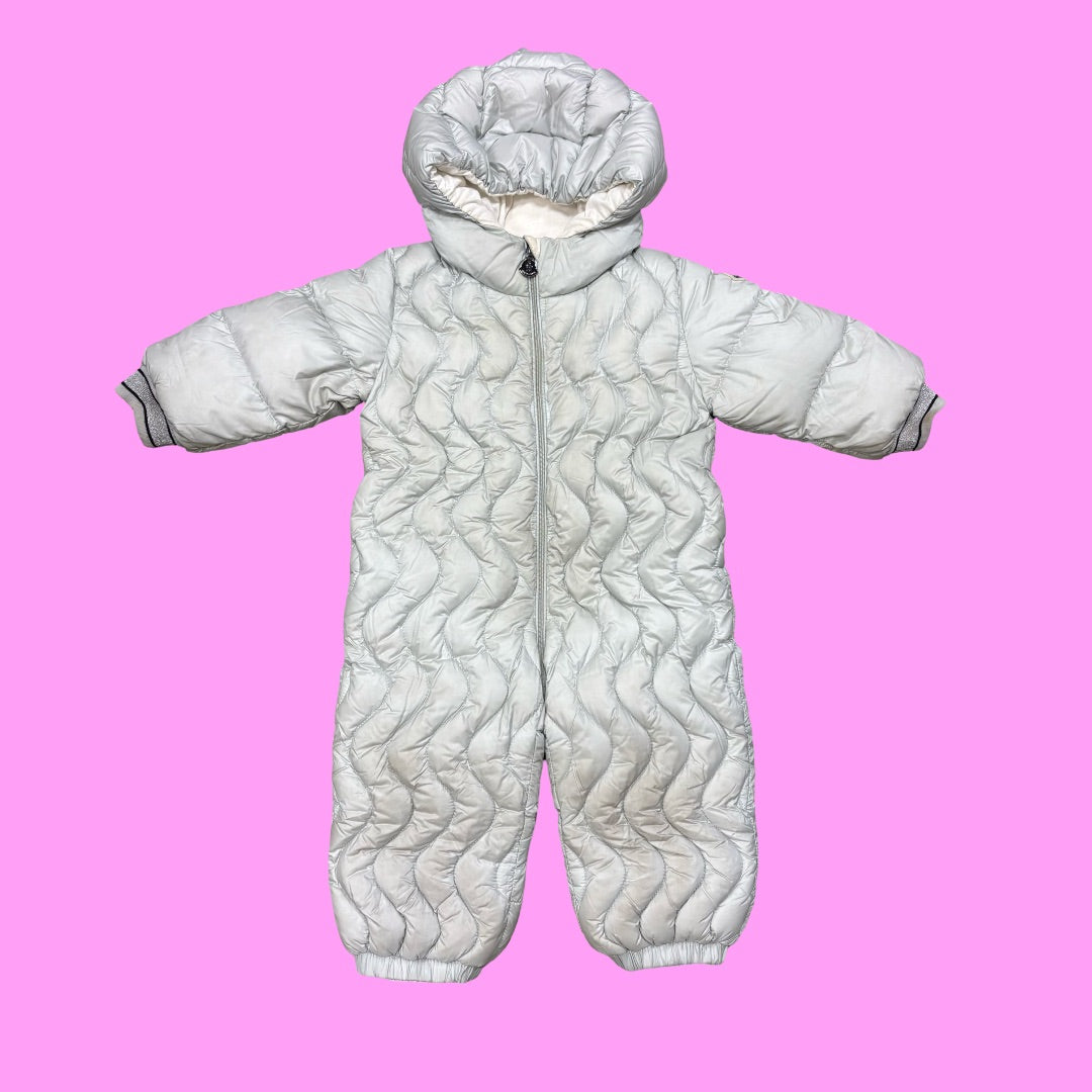 Moncler White one piece snow suit, 12/18M