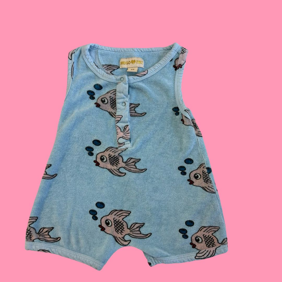 Huge Loves Tiki blue terry romper, 2t